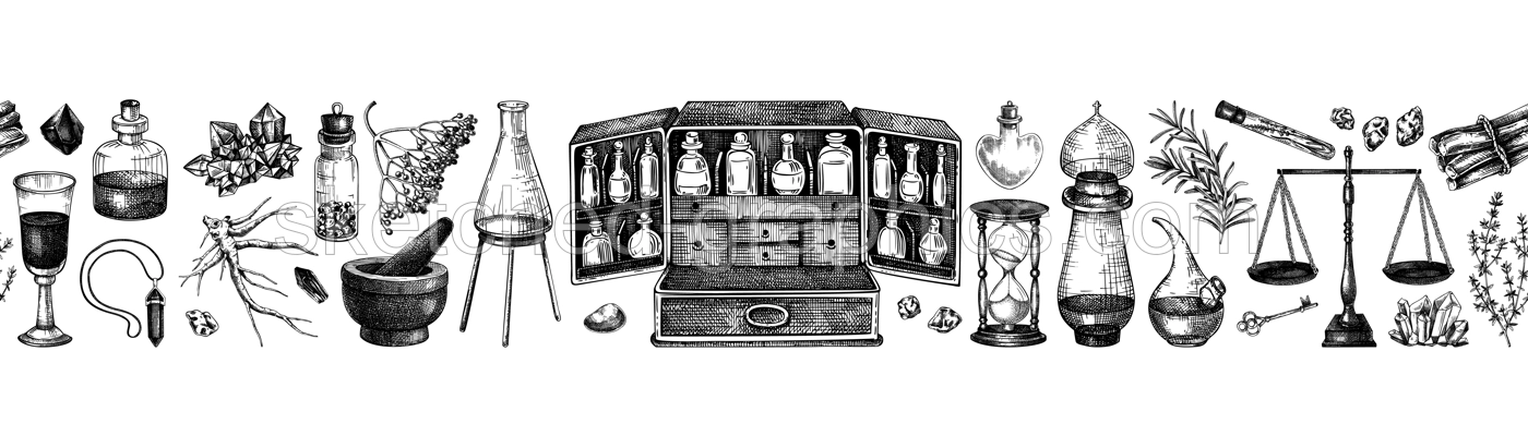 Herbal medicine ingredients seamless border. Antique apothecary background. Hand-drawn vector illustrations. Alchemy glassware sketches. NOT AI generated Illustration
